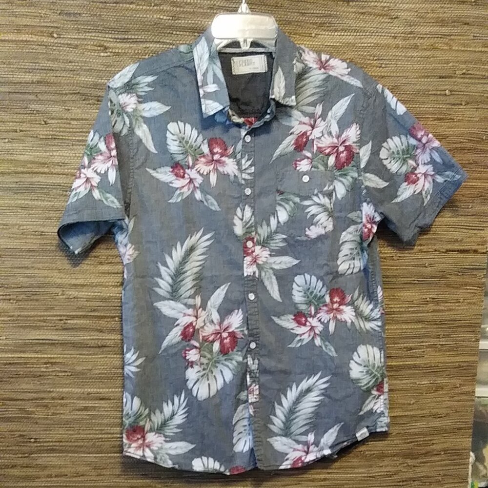 🌺 Free Planet Grey Tropical Floral Shirt 🌴 Size XL, Slim Fit, 98% Cotton
